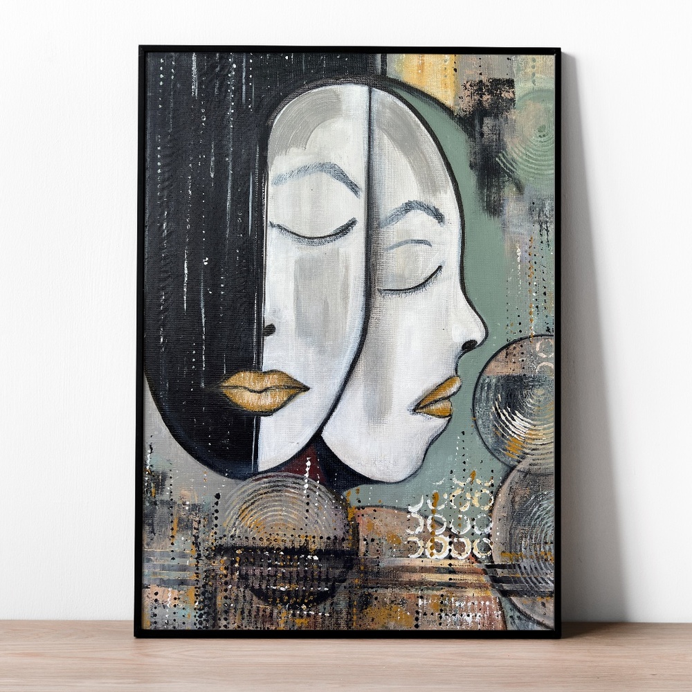 Seeing Double Abstract Acrylic Painting – 16x20 Dual Faces, Geometric Shapes